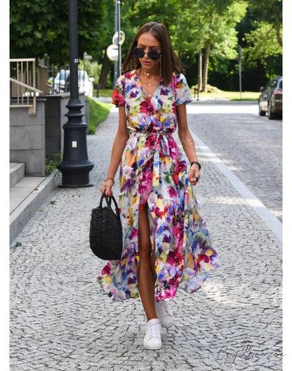 Floral Printed V-neck Summer Dress Red1 / S oldfloraldress-250126