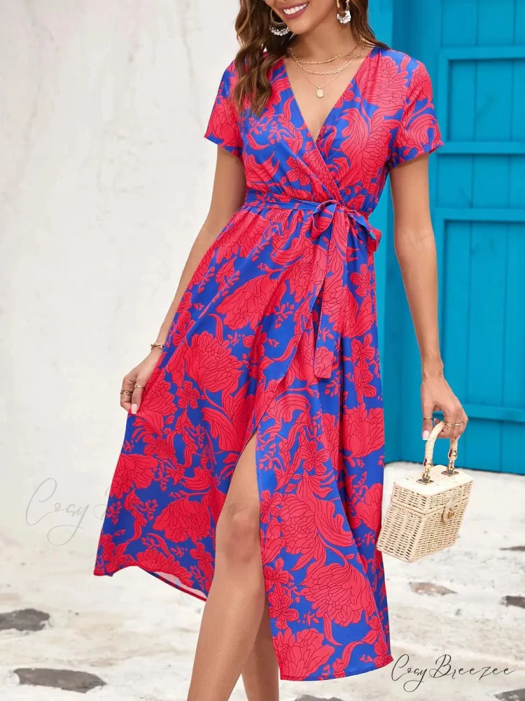 Floral Printed V-neck Summer Dress Red2 / S oldfloraldress-250126