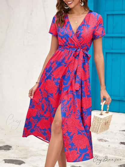 Floral Printed V-neck Summer Dress Red2 / S oldfloraldress-250126