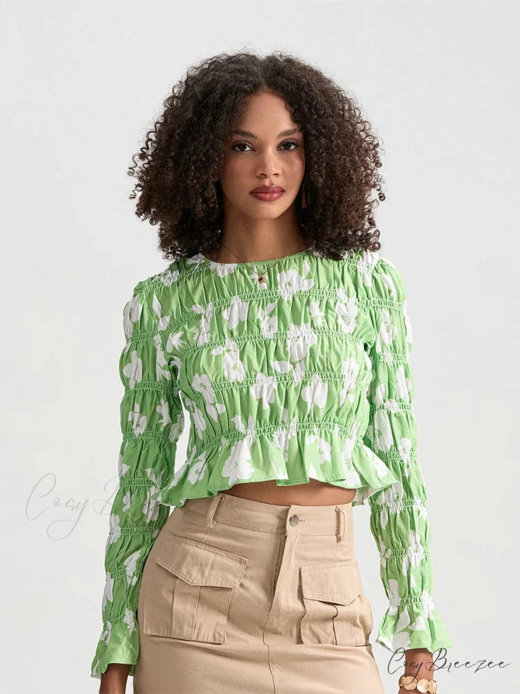 Floral Ruched Boat Neck Long Sleeve Crop T-shirt croptop-250126