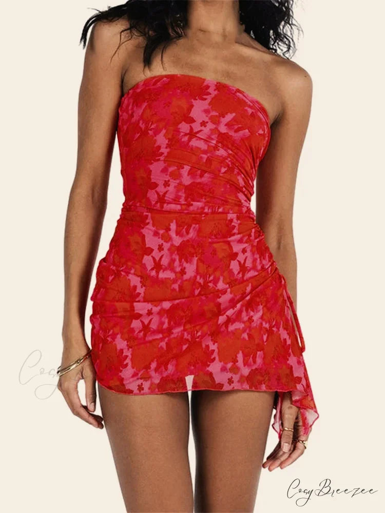 Floral Ruched Side-Slit Mini Dress red / S minidress-250223