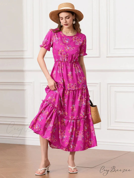 Floral Ruched Tiered Puff Sleeve Flowy Dress floraldress-250126
