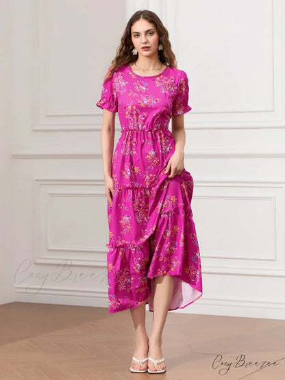 Floral Ruched Tiered Puff Sleeve Flowy Dress Rose Red / S floraldress-250126