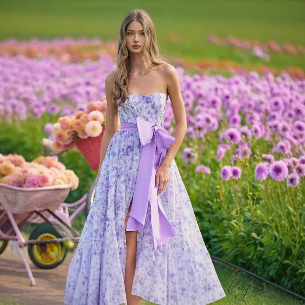 Floral Ruffle V-Neck High Hem Prom Dress promdress-250223