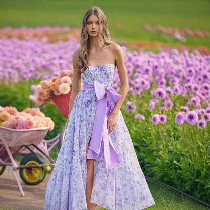 Floral Ruffle V-Neck High Hem Prom Dress promdress-250223
