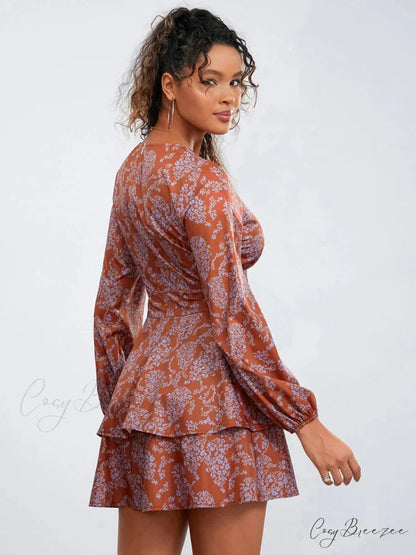 Floral Ruffles Tiered Mini V-neck High Waist Dress floraldress-250126