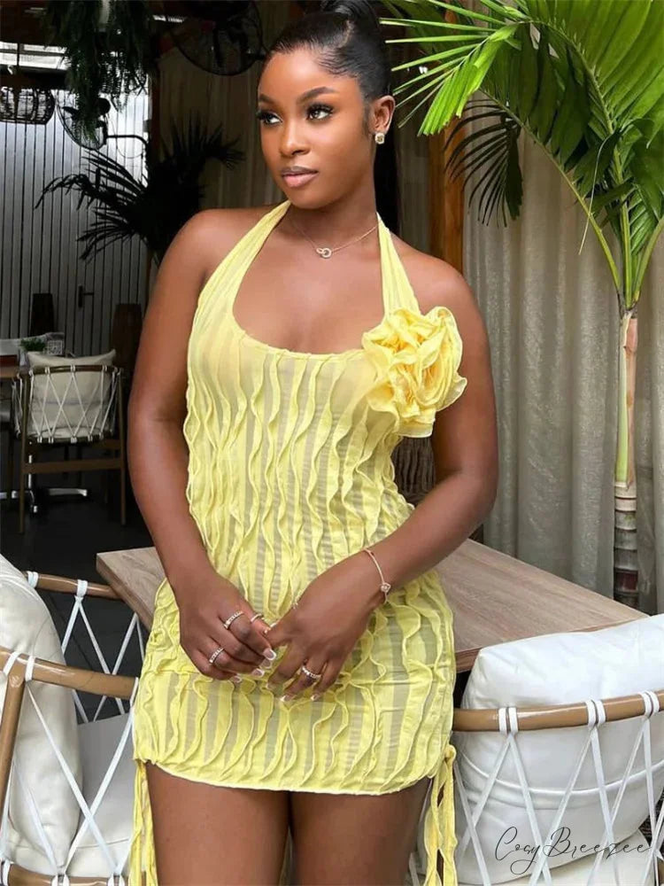 Floral See-Through Ruffled Mini Dress Yellow / S minidress-250223