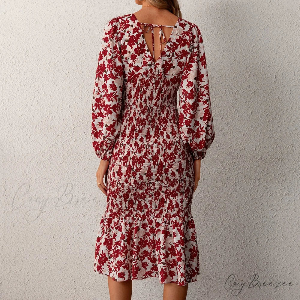 Floral Sexy Long Sleeve Bodycon Smocked Dress Red / XS
