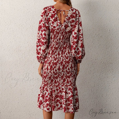 Floral Sexy Long Sleeve Bodycon Smocked Dress Red / XS