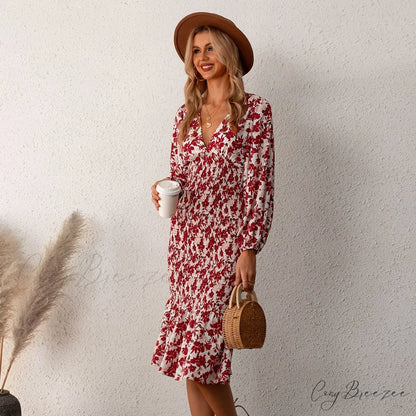 Floral Sexy Long Sleeve Bodycon Smocked Dress Red / XS