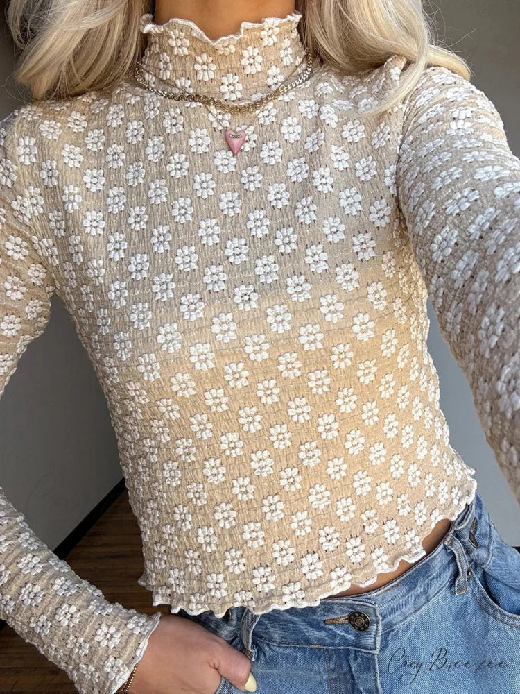 Floral Sheer Mock Neck Long Sleeve Lettuce Hem Crop Top croptop-250126