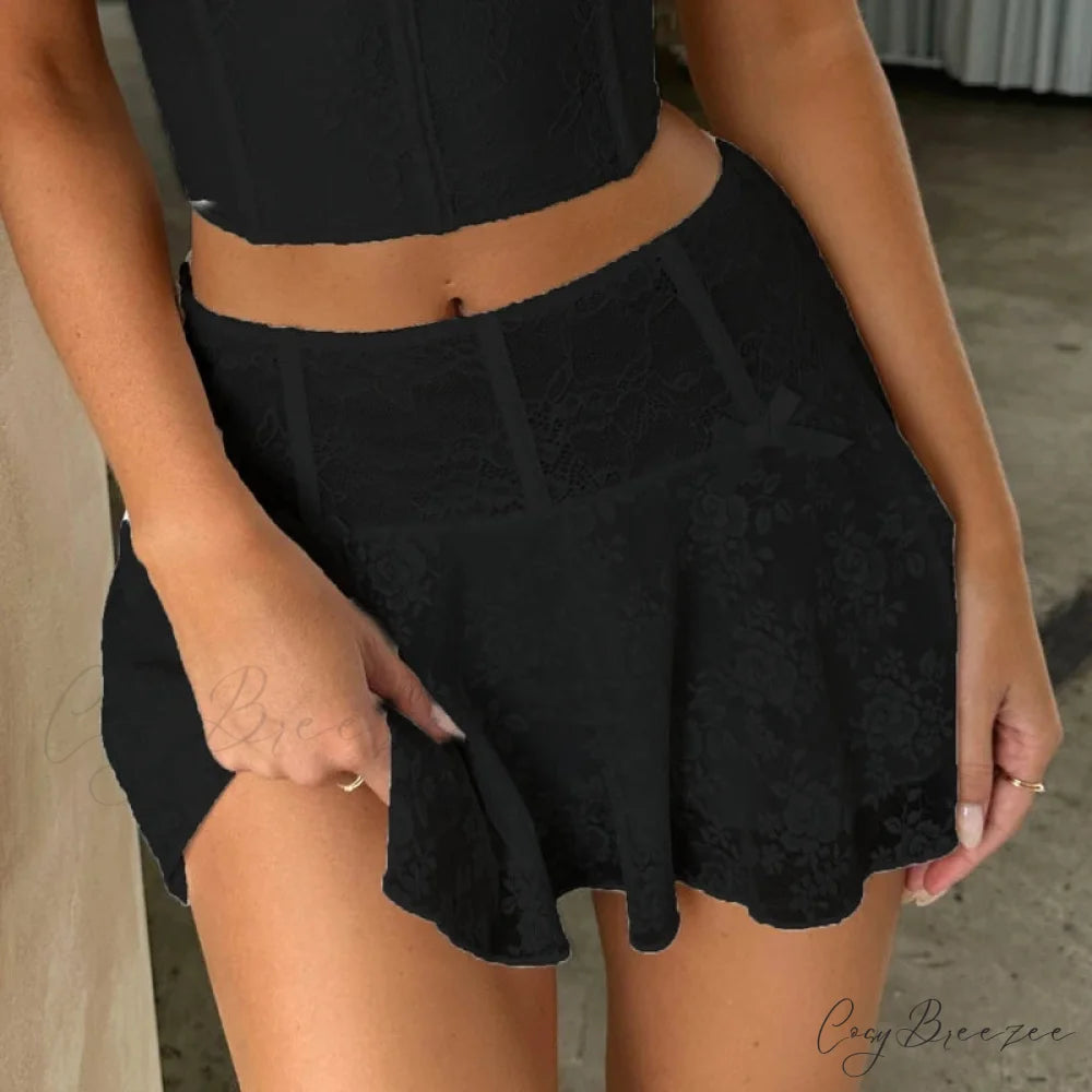 Floral Sheer Ruffles Mini Skirt Black / S skirts-250223