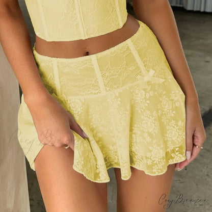 Floral Sheer Ruffles Mini Skirt Yellow / S skirts-250223