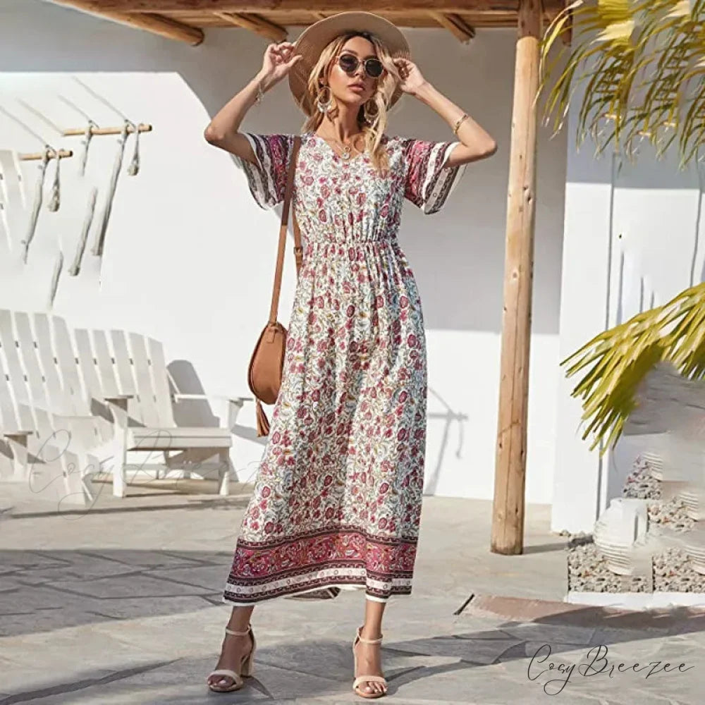 Floral Short Sleeve Beach Boho Dress Beige / S bohodress-250126