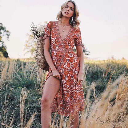 Floral Short Sleeve Sashes Boho Dress bohodress-250126