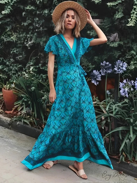 Floral Short Sleeve V-neck Boho Dress Green / S bohodress-250126