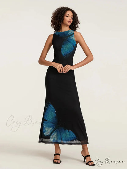 Floral Sleeveless Bodycon Back Hollowed Lacing Tank Party Dress floraldress-250126