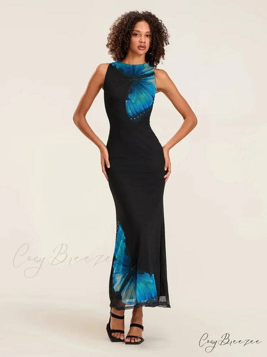 Floral Sleeveless Bodycon Back Hollowed Lacing Tank Party Dress floraldress-250126