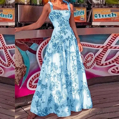 Floral Spaghetti Strap High Waist Maxi Dress Blue / S floraldress-250126