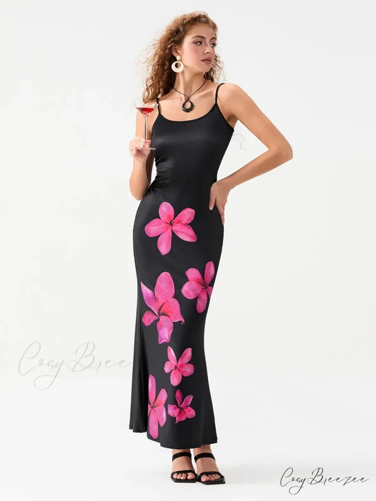 Floral Spaghetti Straps Sleeveless Slip Dress BLACK1 / S floraldress-250126