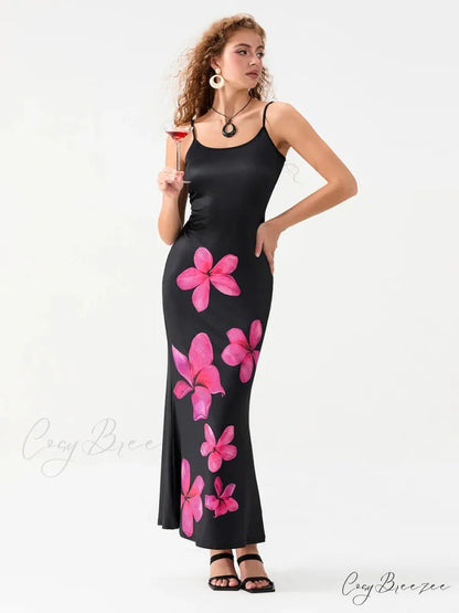 Floral Spaghetti Straps Sleeveless Slip Dress BLACK1 / S floraldress-250126
