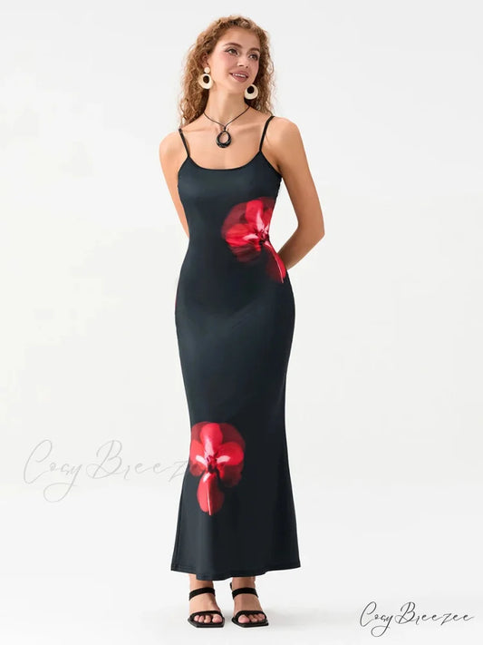 Floral Spaghetti Straps Sleeveless Slip Dress BLACK2 / S floraldress-250126