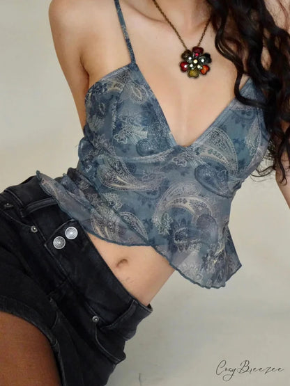 Floral Spaghetti V-Neck Crop Top blue / S croptop-250223