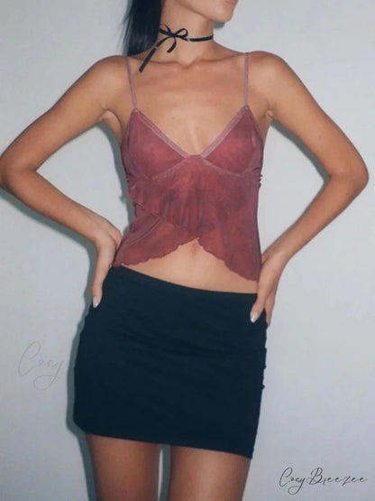 Floral Spaghetti V-Neck Crop Top red / S croptop-250223