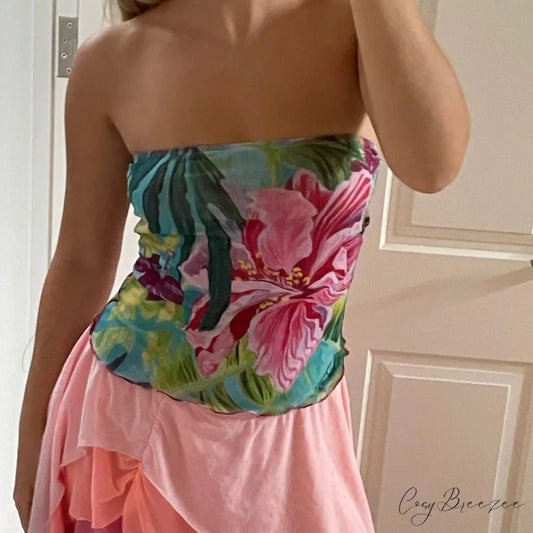 Floral Strapless Slim Crop Top rose / S croptop-250223