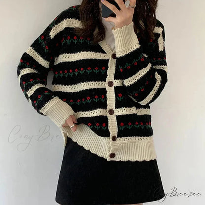 Floral Striped Textured Button Front Cardigan cardiagn-250126