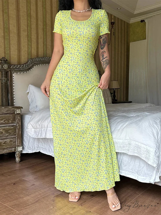 Floral T-Shirt Tie Back A-Line Long Dress green1 / S floraldress-250126