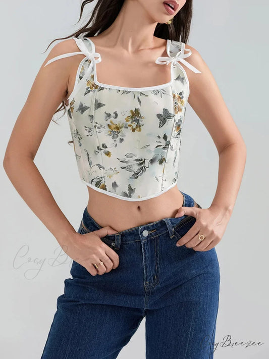Floral Tie-back Vintage Corset Square Neck Crop Top croptop-250126