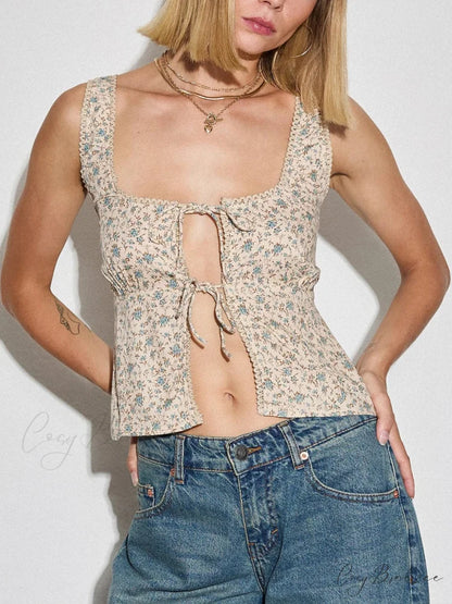 Floral Tie-up Camisole Slim Fit Sleeveless Crop Cardigan APRICOT / S croptop-250126