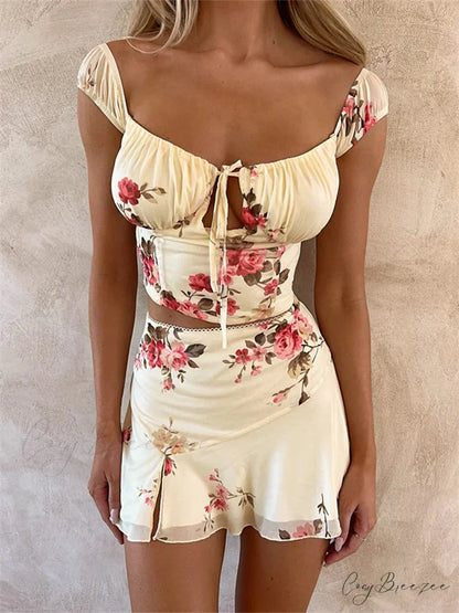 Floral Tie-up Corset Top with Mini Skirt Beach Party Set twopiecesset-250126