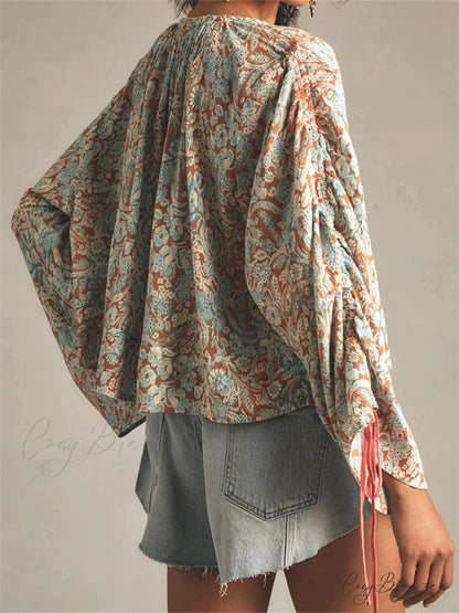 Floral Tie-Up Flare Sleeve Boho Shirt blouse-250223