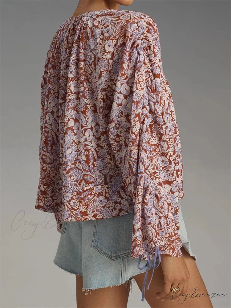 Floral Tie-Up Flare Sleeve Boho Shirt blouse-250223