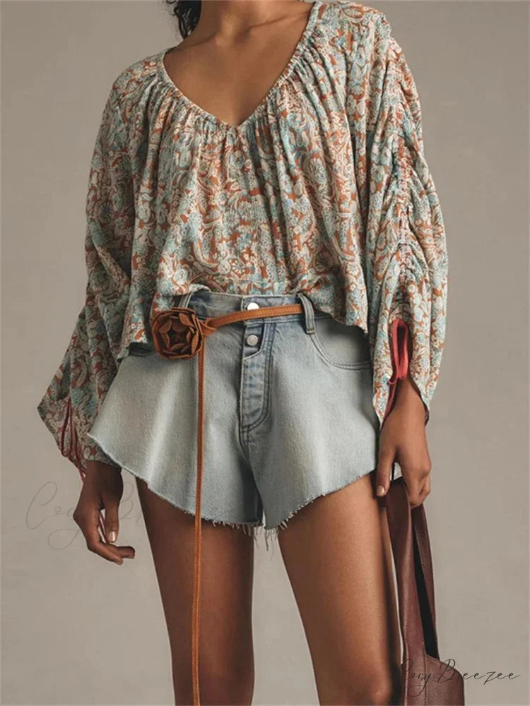 Floral Tie-Up Flare Sleeve Boho Shirt blouse-250223