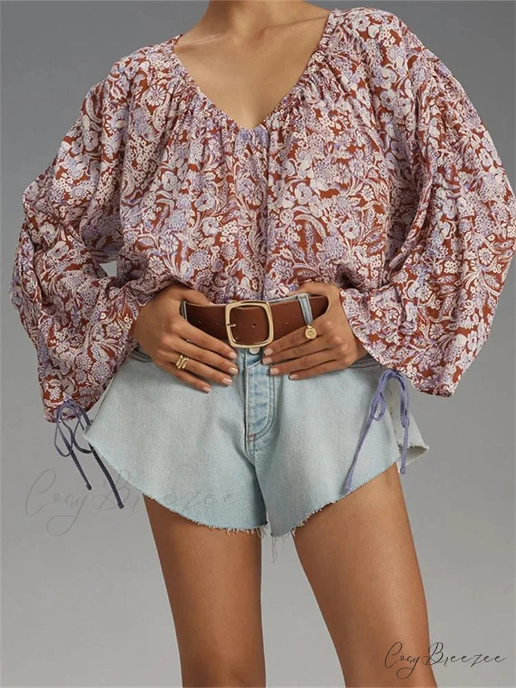 Floral Tie-Up Flare Sleeve Boho Shirt blouse-250223