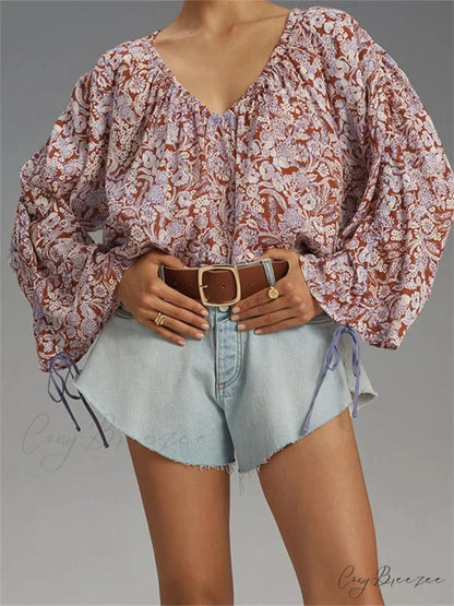 Floral Tie-Up Flare Sleeve Boho Shirt blouse-250223
