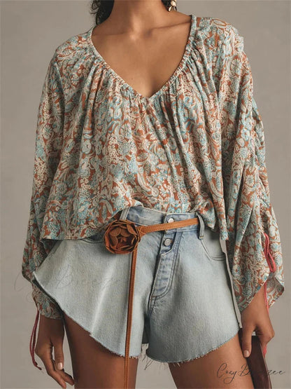 Floral Tie-Up Flare Sleeve Boho Shirt blue / S blouse-250223