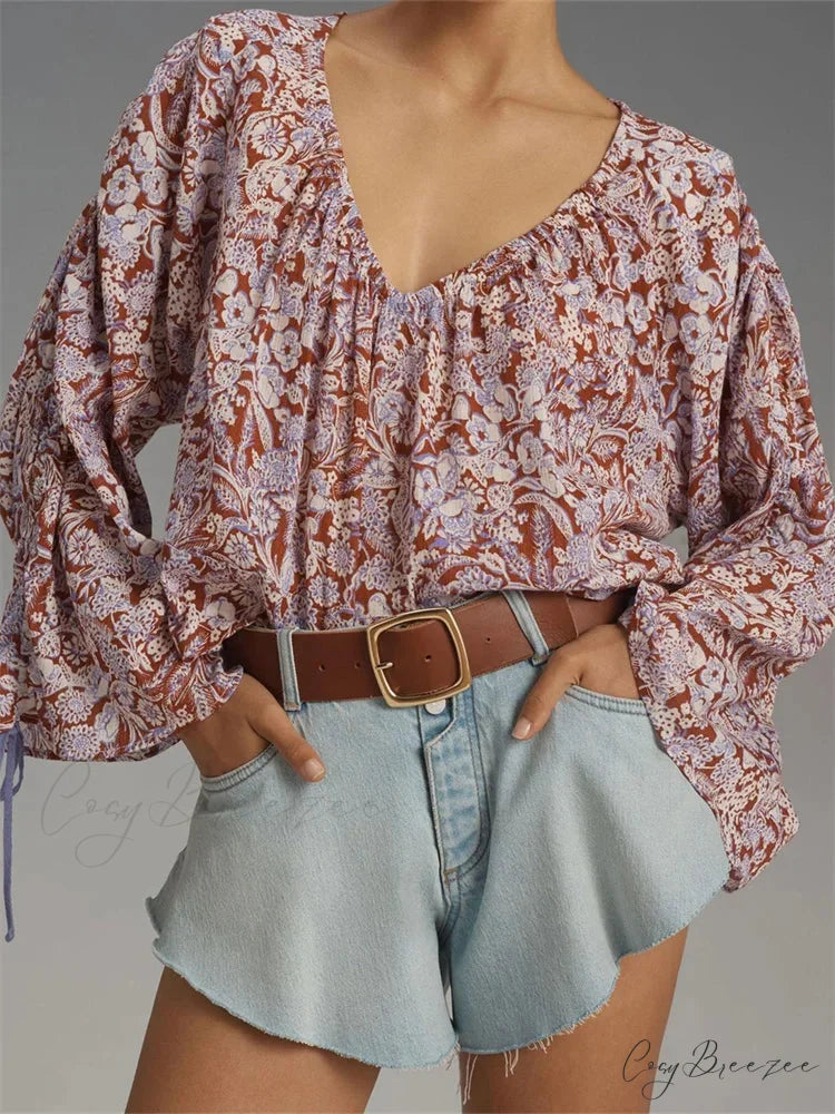 Floral Tie-Up Flare Sleeve Boho Shirt pink / S blouse-250223