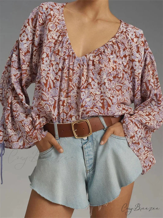 Floral Tie-Up Flare Sleeve Boho Shirt pink / S blouse-250223