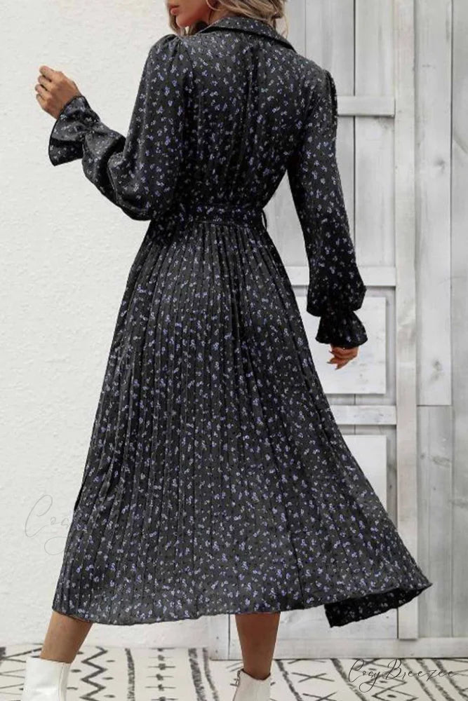 Floral Tie Waist Long Sleeve Pleated Midi Dress Black / L