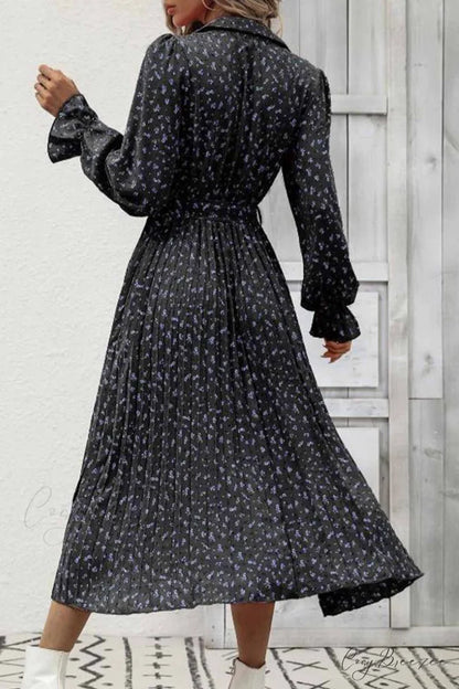 Floral Tie Waist Long Sleeve Pleated Midi Dress Black / L