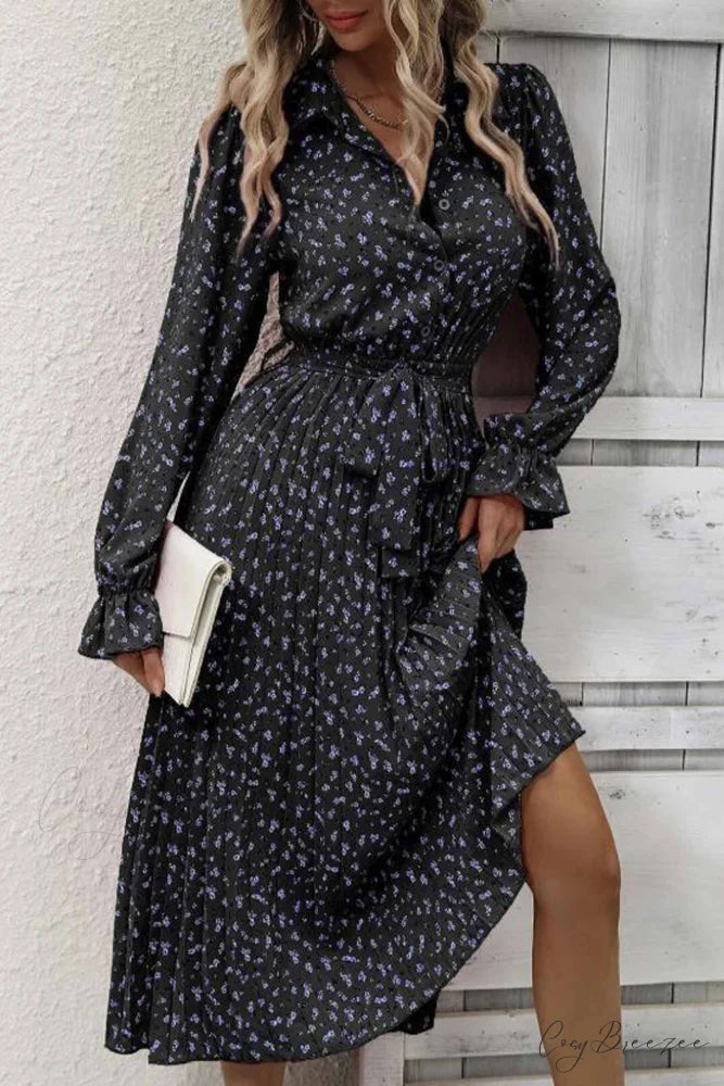 Floral Tie Waist Long Sleeve Pleated Midi Dress Black / S