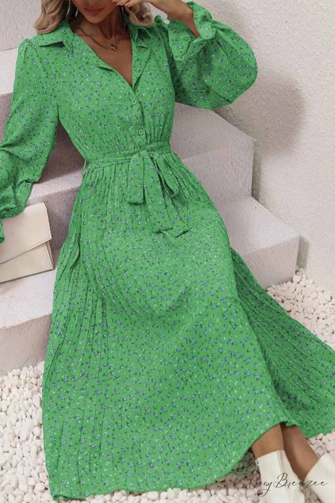 Floral Tie Waist Long Sleeve Pleated Midi Dress Green / M
