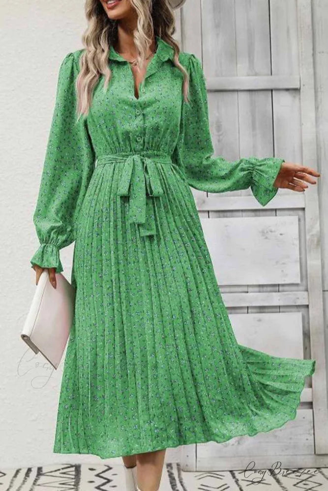 Floral Tie Waist Long Sleeve Pleated Midi Dress Green / S