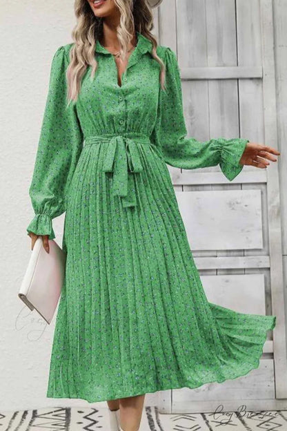 Floral Tie Waist Long Sleeve Pleated Midi Dress Green / S
