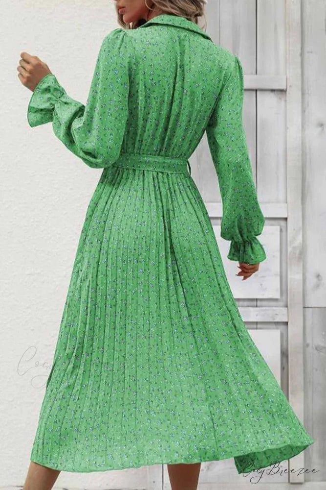 Floral Tie Waist Long Sleeve Pleated Midi Dress Green / XL