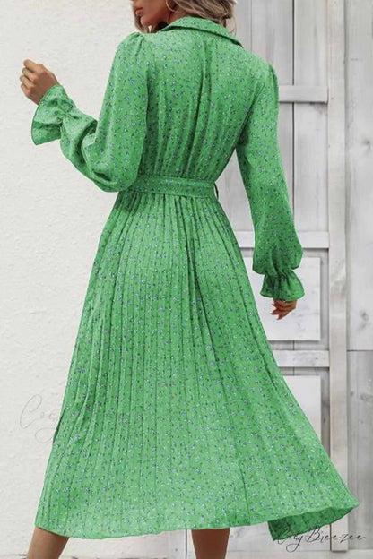 Floral Tie Waist Long Sleeve Pleated Midi Dress Green / XL